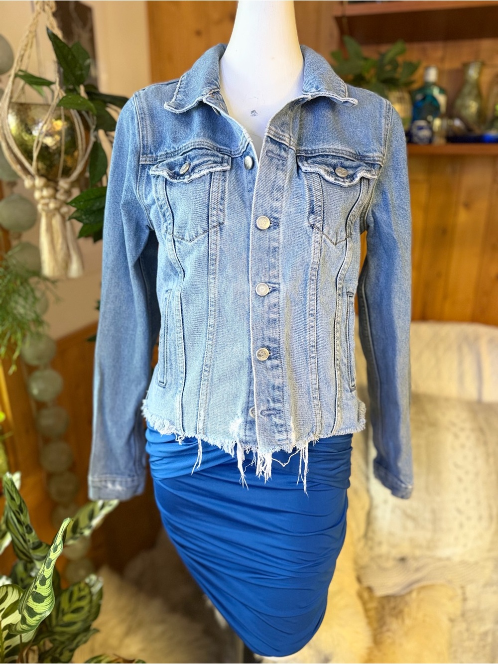 Lover’s + Friends Denim Jacket Raw Frayed Hem Medium Wash 100% Cotton
